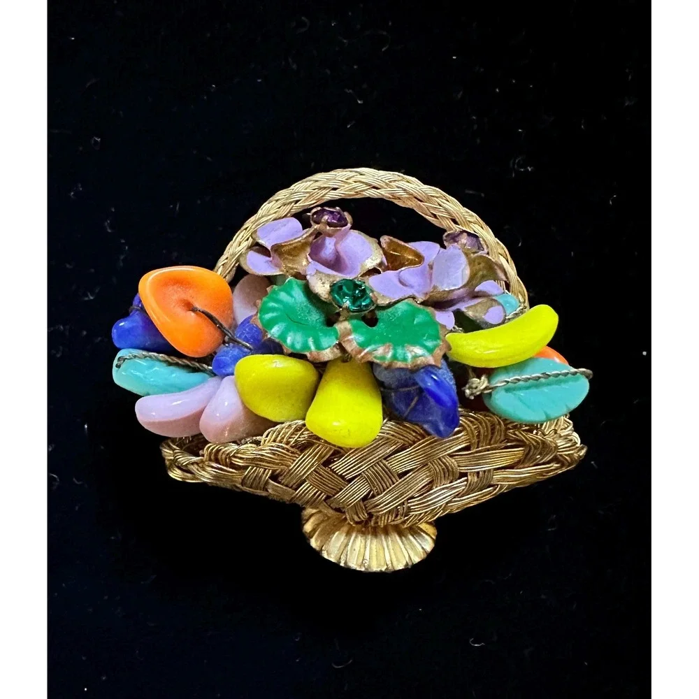 Vintage Flower Basket Brooch Woven Wire‎ & Molded Glass Beads